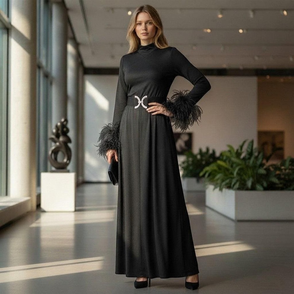 Vintage Black Feather Cuff Maxi Dress Mock Neck Rhinestone Belt Gown Formal